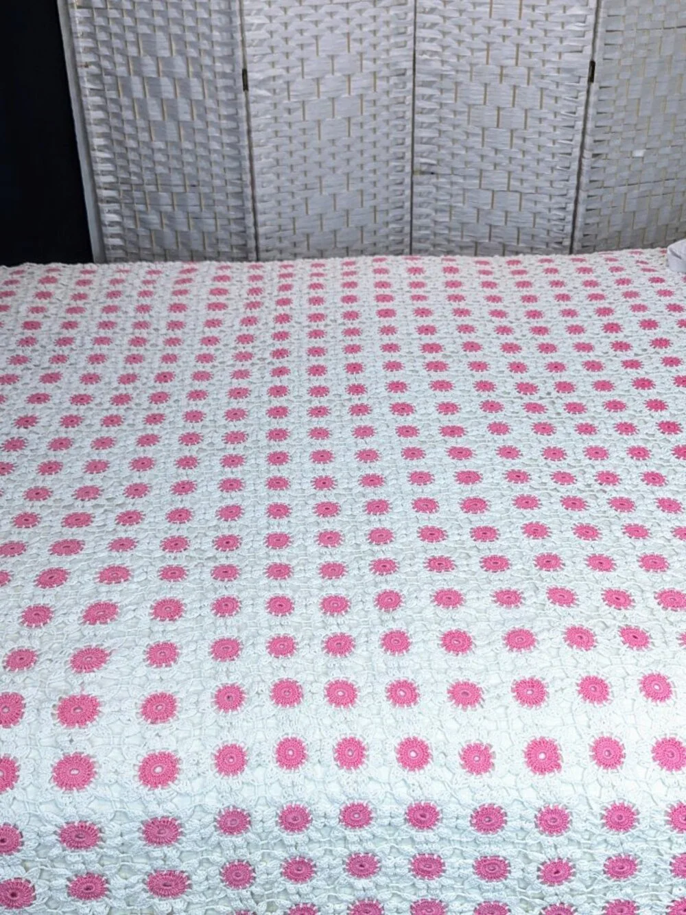 Boho Cottagecore Crochet Quilt ~ Bright Pink/White ~ Hand Crocheted Cotton